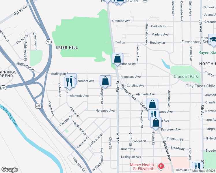 map of restaurants, bars, coffee shops, grocery stores, and more near 975 Glenmont Avenue in Youngstown