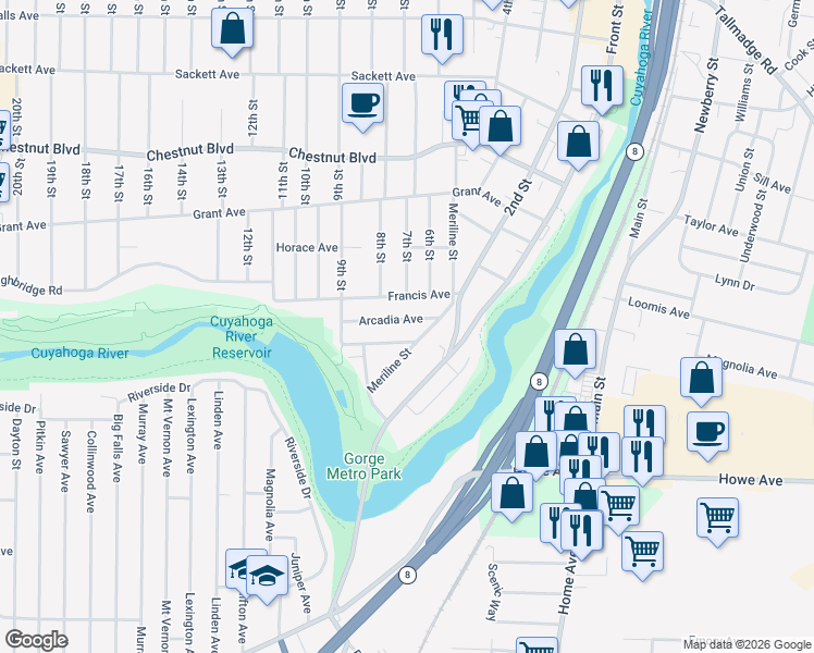 map of restaurants, bars, coffee shops, grocery stores, and more near 723 Arcadia Avenue in Cuyahoga Falls