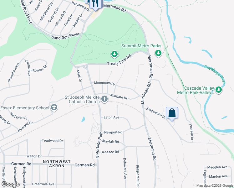 map of restaurants, bars, coffee shops, grocery stores, and more near 917 Perry Drive in Akron