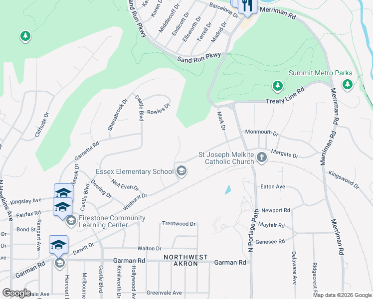 map of restaurants, bars, coffee shops, grocery stores, and more near in Akron