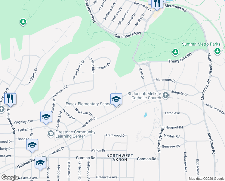 map of restaurants, bars, coffee shops, grocery stores, and more near 870 Shullo Drive in Akron