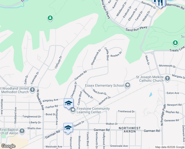 map of restaurants, bars, coffee shops, grocery stores, and more near 623 Garnette Road in Akron