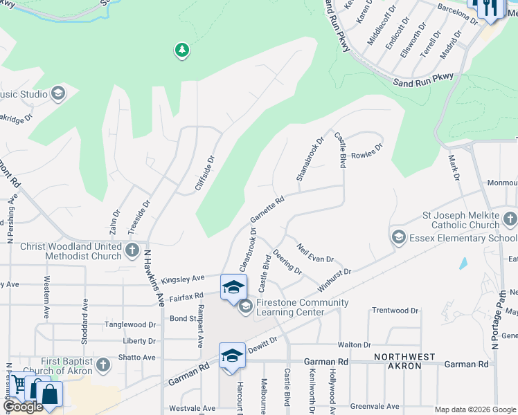 map of restaurants, bars, coffee shops, grocery stores, and more near 574 Garnette Road in Akron