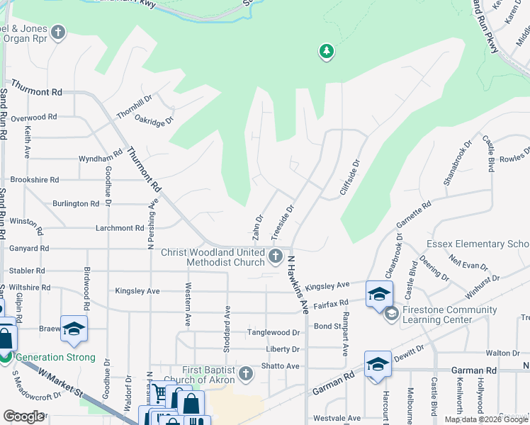 map of restaurants, bars, coffee shops, grocery stores, and more near in Akron