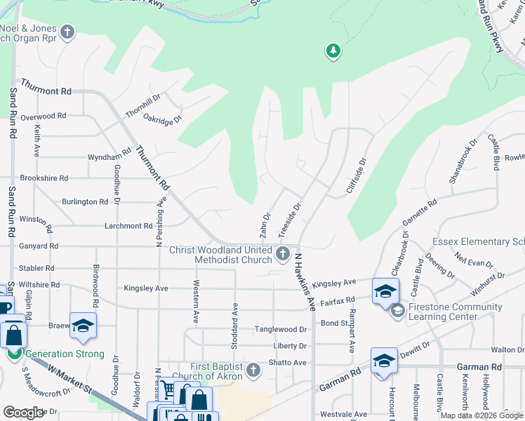 map of restaurants, bars, coffee shops, grocery stores, and more near 480 Zahn Drive in Akron