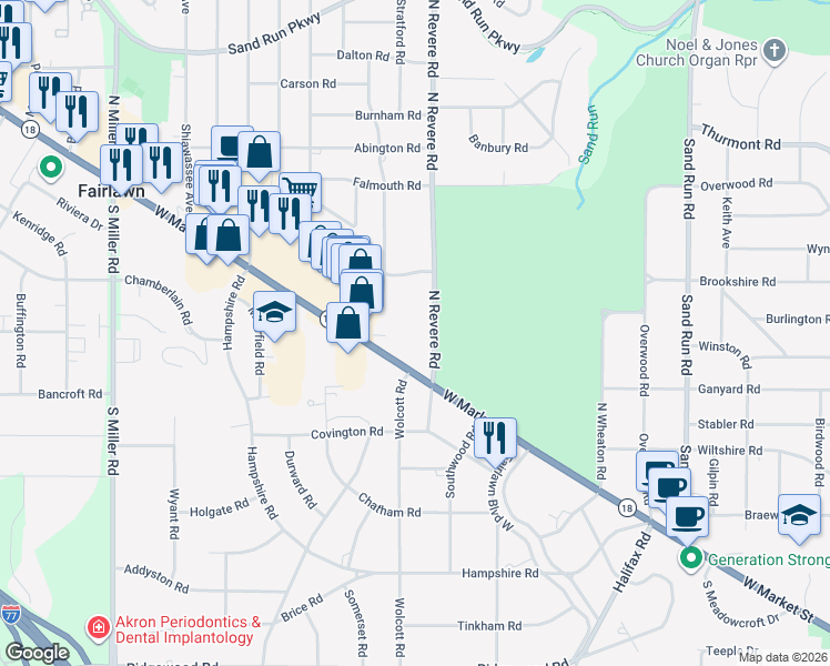 map of restaurants, bars, coffee shops, grocery stores, and more near 60 North Revere Road in Fairlawn