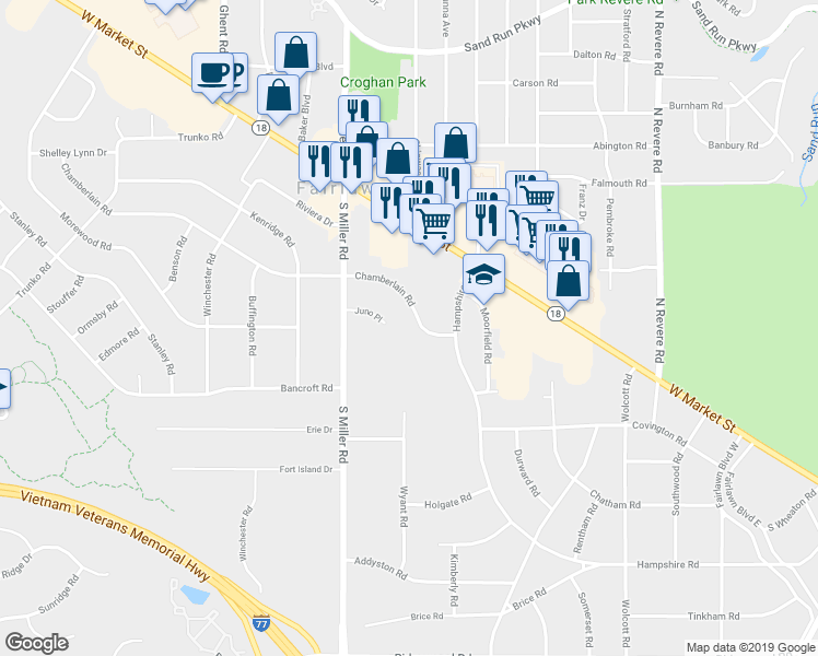 map of restaurants, bars, coffee shops, grocery stores, and more near 2582 Chamberlain Road in Fairlawn