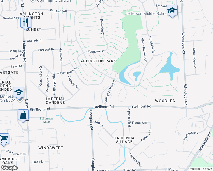 map of restaurants, bars, coffee shops, grocery stores, and more near 4611 Arlington Parkway South in Fort Wayne