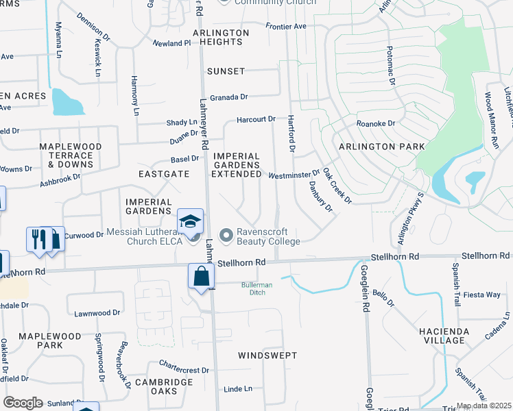 map of restaurants, bars, coffee shops, grocery stores, and more near 4607 Kingsbury Drive in Fort Wayne