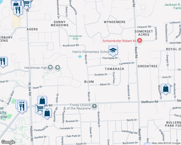 map of restaurants, bars, coffee shops, grocery stores, and more near 4844 Blum Drive in Fort Wayne
