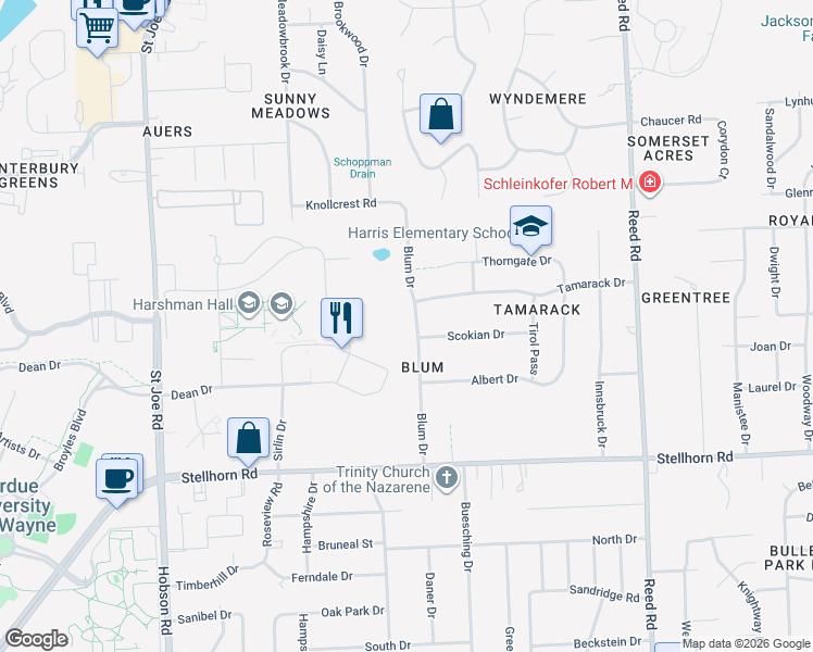 map of restaurants, bars, coffee shops, grocery stores, and more near 4841 Blum Drive in Fort Wayne