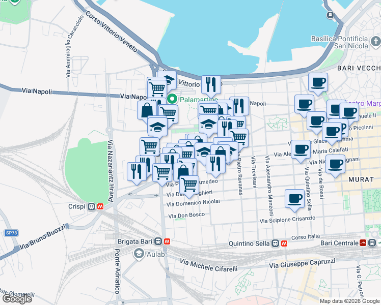 map of restaurants, bars, coffee shops, grocery stores, and more near 36 Via Vincenzo Rogadeo in Bari