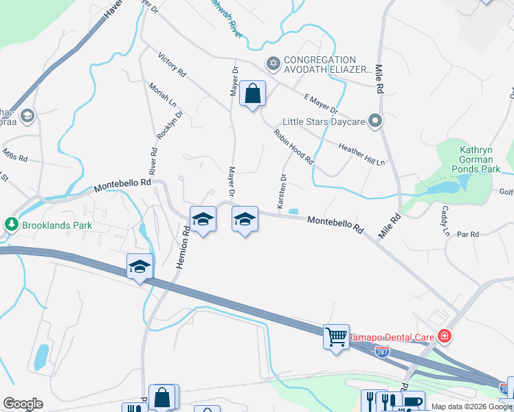 map of restaurants, bars, coffee shops, grocery stores, and more near 53 Montebello Road in Suffern