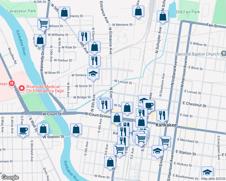 map of restaurants, bars, coffee shops, grocery stores, and more near 300310 North Entrance Avenue in Kankakee