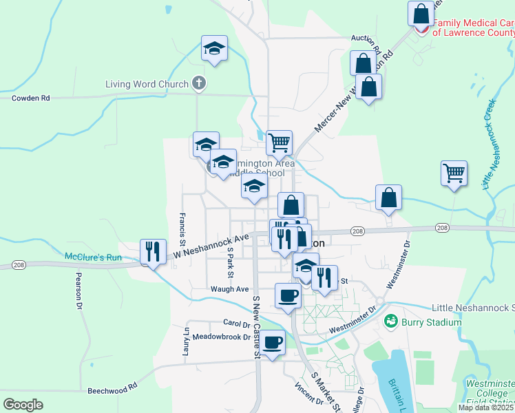 map of restaurants, bars, coffee shops, grocery stores, and more near 350 Wood Street in New Wilmington