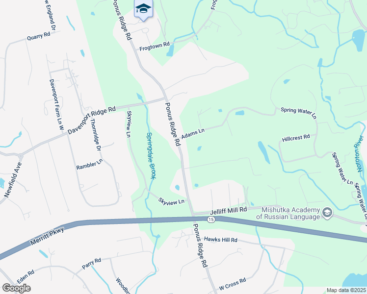 map of restaurants, bars, coffee shops, grocery stores, and more near 281 Ponus Ridge Road in New Canaan