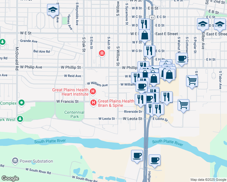 map of restaurants, bars, coffee shops, grocery stores, and more near 416 West William Avenue in North Platte