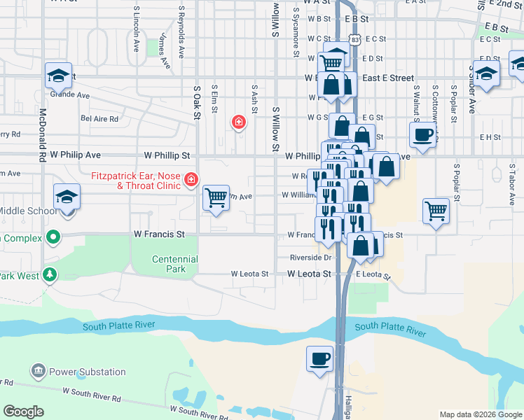 map of restaurants, bars, coffee shops, grocery stores, and more near 416 West William Avenue in North Platte