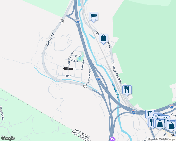 map of restaurants, bars, coffee shops, grocery stores, and more near 39 Terrace Avenue in Hillburn