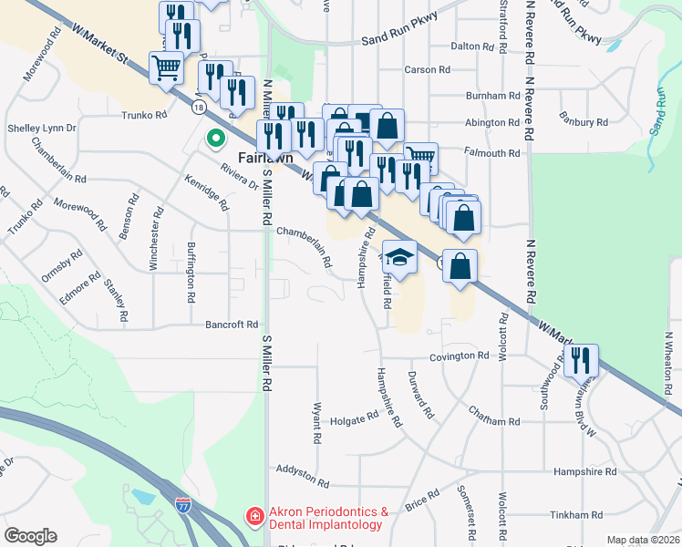 map of restaurants, bars, coffee shops, grocery stores, and more near 667 Hampshire Road in Fairlawn