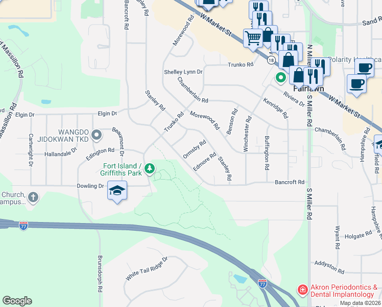 map of restaurants, bars, coffee shops, grocery stores, and more near 340 Ormsby Road in Fairlawn