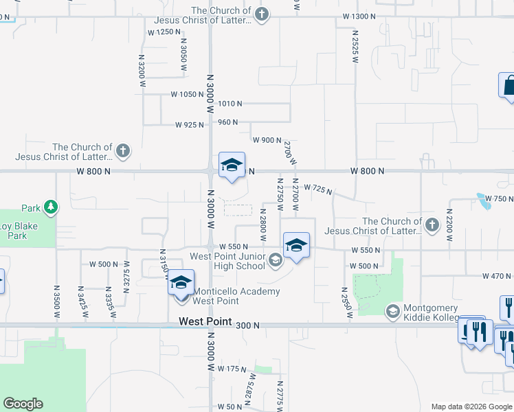 map of restaurants, bars, coffee shops, grocery stores, and more near 655 North 2800 West in West Point