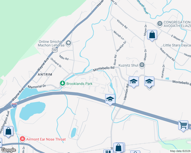 map of restaurants, bars, coffee shops, grocery stores, and more near 108 Montebello Road in Suffern