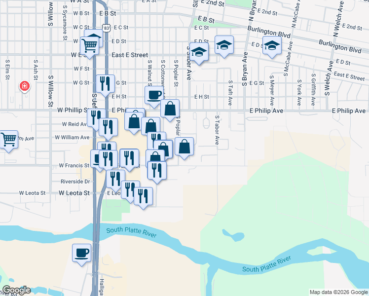 map of restaurants, bars, coffee shops, grocery stores, and more near 700 East Philip Avenue in North Platte