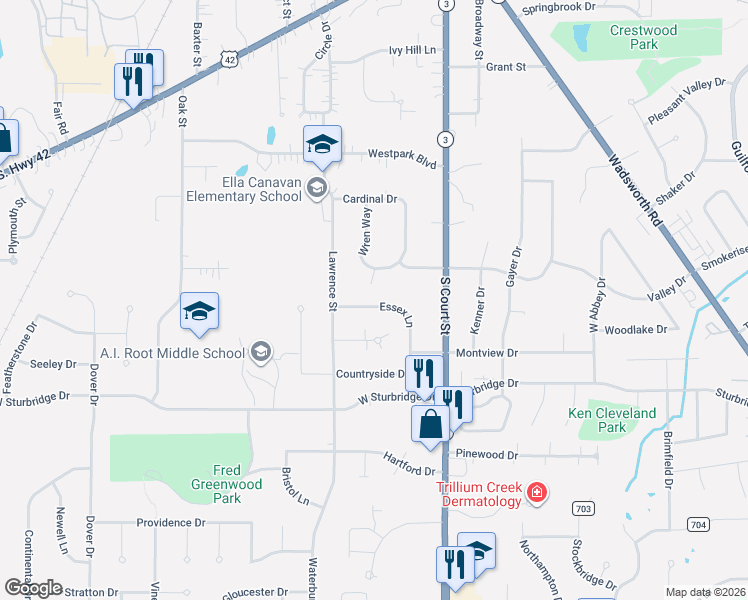 map of restaurants, bars, coffee shops, grocery stores, and more near 167 Essex Lane in Medina