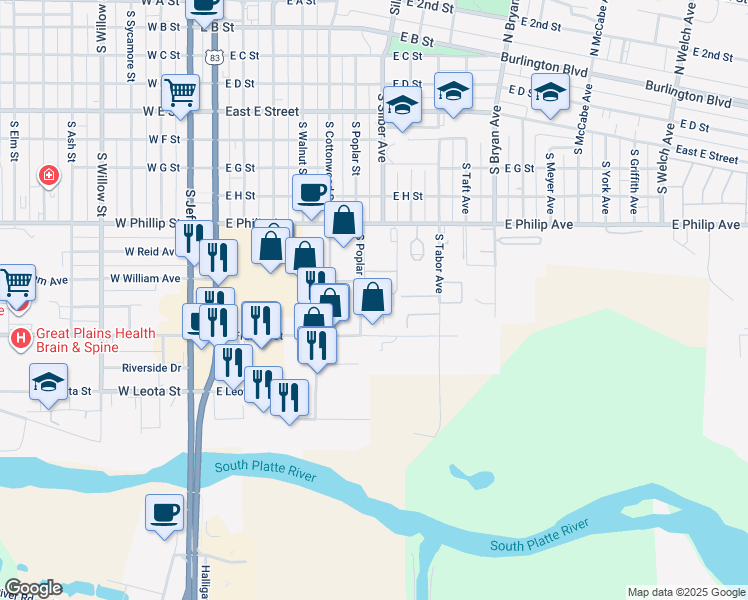 map of restaurants, bars, coffee shops, grocery stores, and more near 700 East Philip Avenue in North Platte