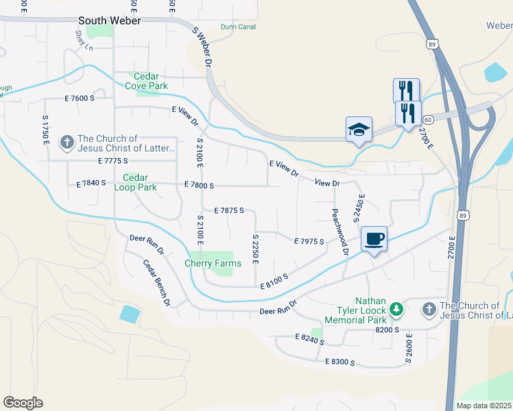 map of restaurants, bars, coffee shops, grocery stores, and more near 2252 East 7875 South in South Weber
