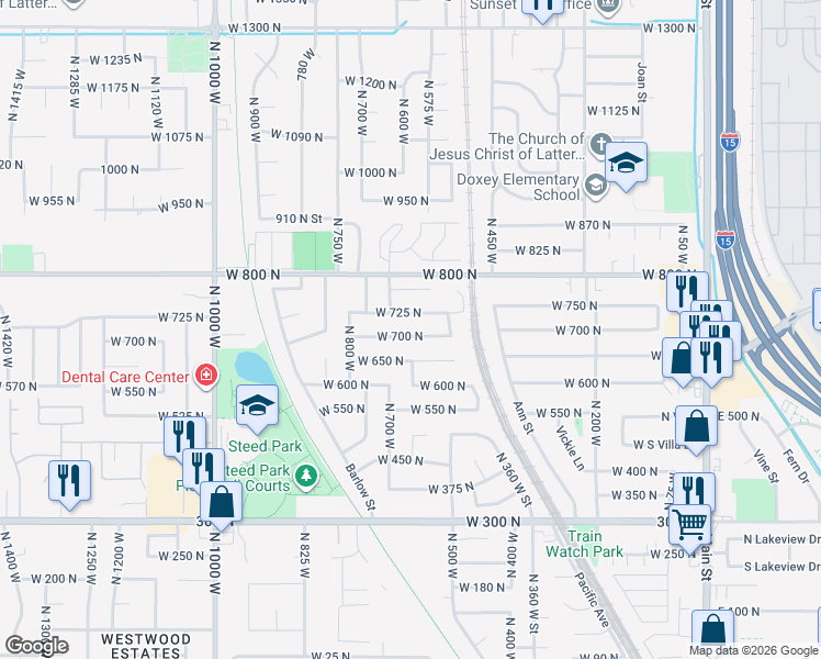 map of restaurants, bars, coffee shops, grocery stores, and more near 732 West 725 North in Clearfield