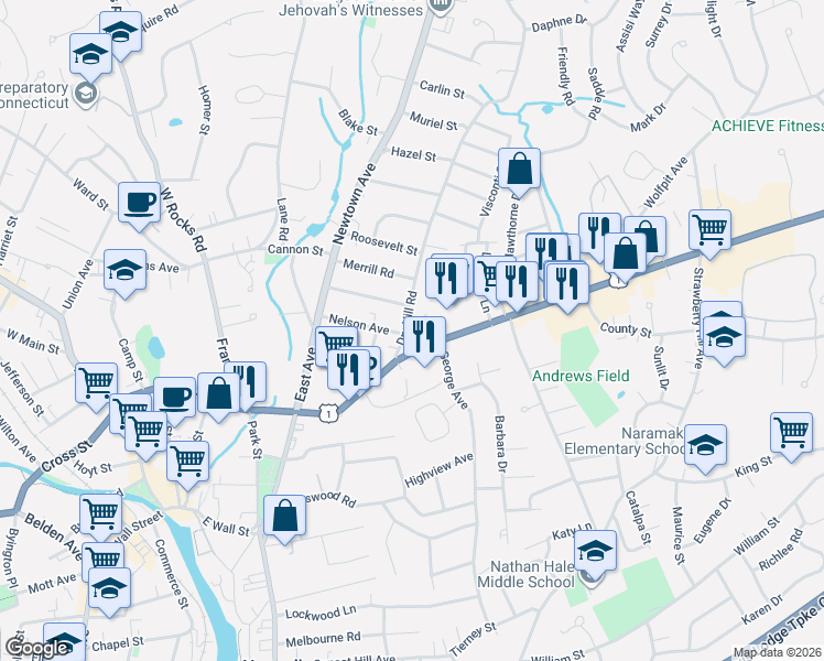 map of restaurants, bars, coffee shops, grocery stores, and more near 19 Dry Hill Road in Norwalk