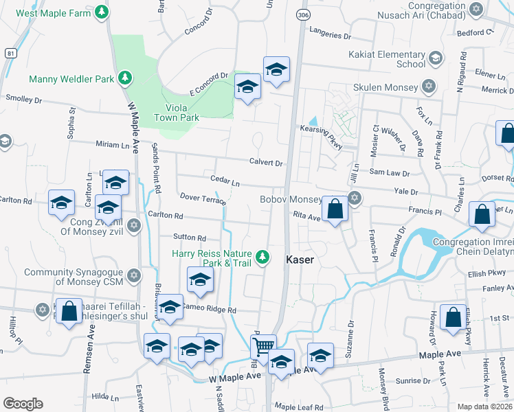 map of restaurants, bars, coffee shops, grocery stores, and more near 8 Joan Lane in Monsey