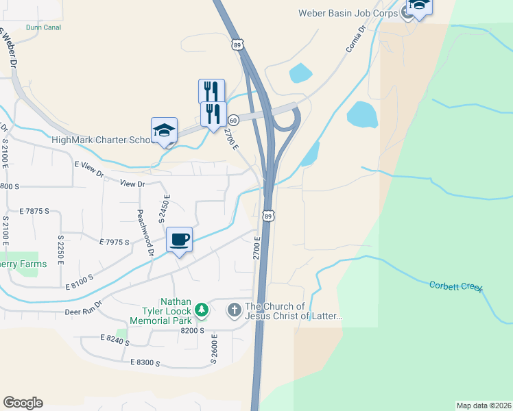 map of restaurants, bars, coffee shops, grocery stores, and more near 7865 U.S. 89 in South Weber