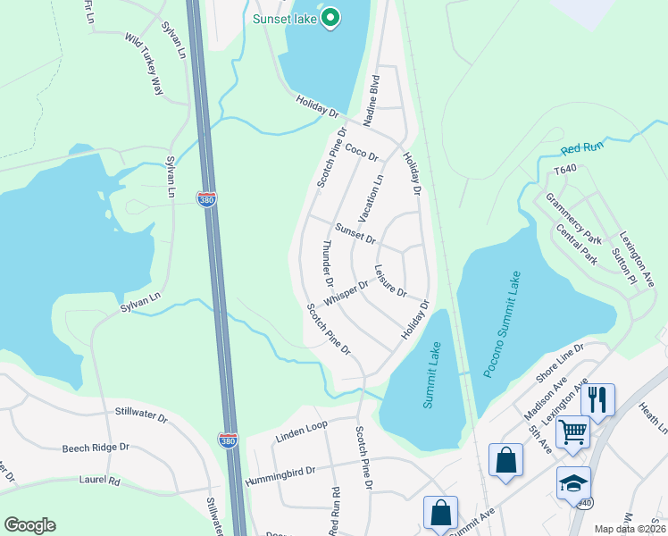 map of restaurants, bars, coffee shops, grocery stores, and more near 1004-1008 Thunder Drive in Pocono Summit