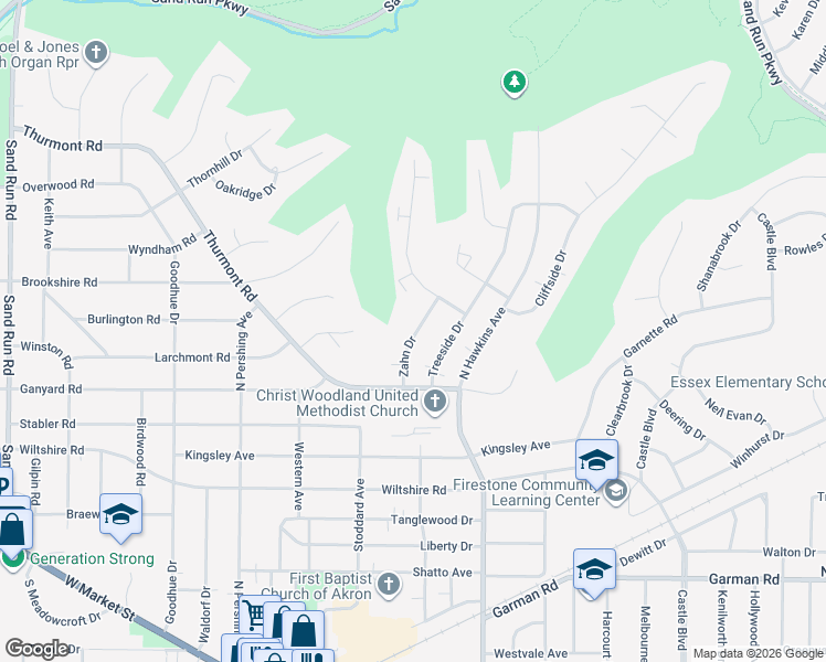 map of restaurants, bars, coffee shops, grocery stores, and more near 511 Zahn Drive in Akron