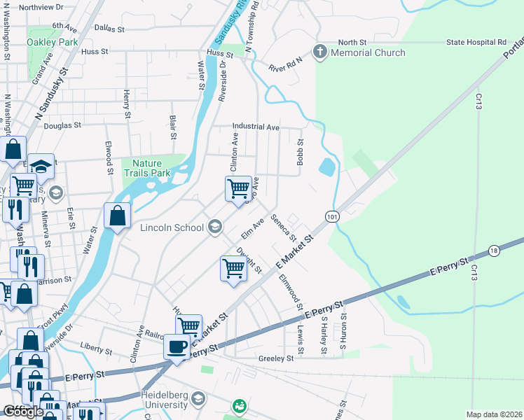 map of restaurants, bars, coffee shops, grocery stores, and more near 98-146 Seneca St in Tiffin