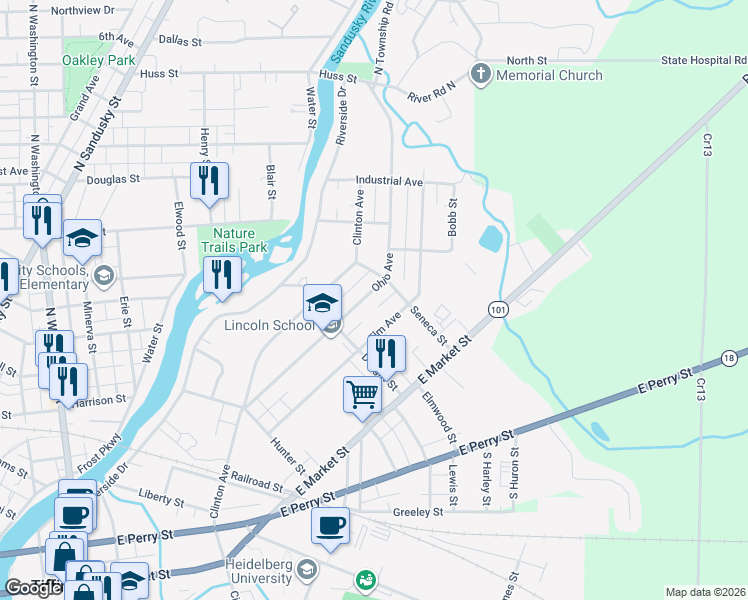 map of restaurants, bars, coffee shops, grocery stores, and more near 141-215 Ohio Ave in Tiffin