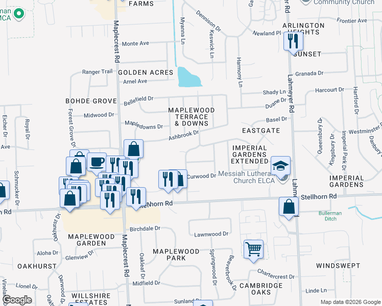 map of restaurants, bars, coffee shops, grocery stores, and more near 4731 Maple Terrace Parkway in Fort Wayne