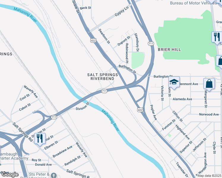 map of restaurants, bars, coffee shops, grocery stores, and more near Ohio 711 in Youngstown