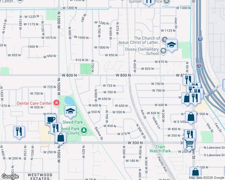 map of restaurants, bars, coffee shops, grocery stores, and more near 693 West 700 North in Clearfield