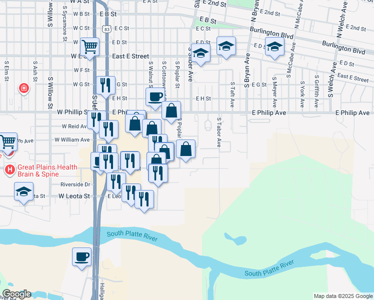 map of restaurants, bars, coffee shops, grocery stores, and more near 700 East Philip Avenue in North Platte