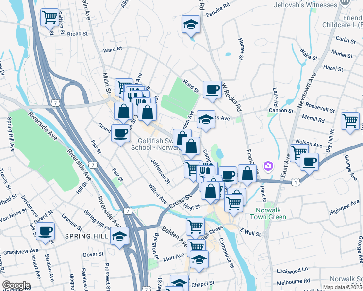 map of restaurants, bars, coffee shops, grocery stores, and more near 130 Main Street in Norwalk