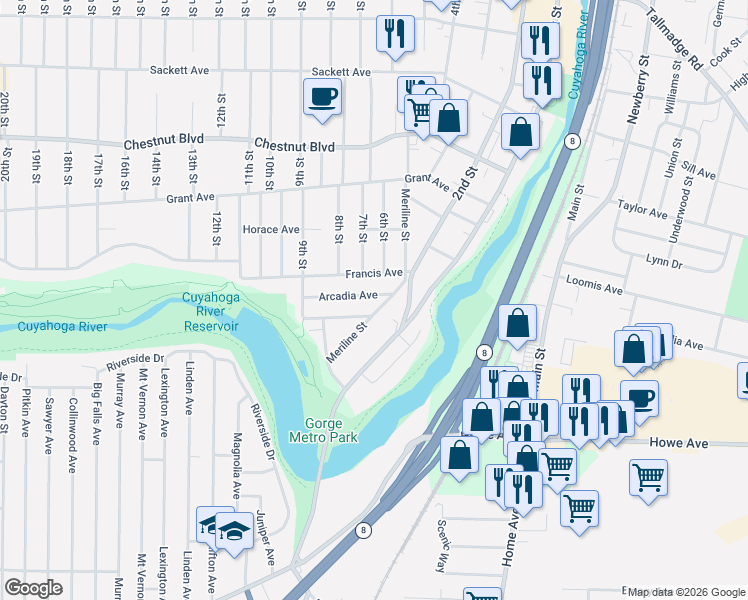 map of restaurants, bars, coffee shops, grocery stores, and more near 1408 Meriline Street in Cuyahoga Falls
