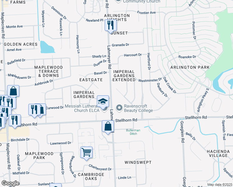 map of restaurants, bars, coffee shops, grocery stores, and more near 7414 Imperial Plaza Drive in Fort Wayne