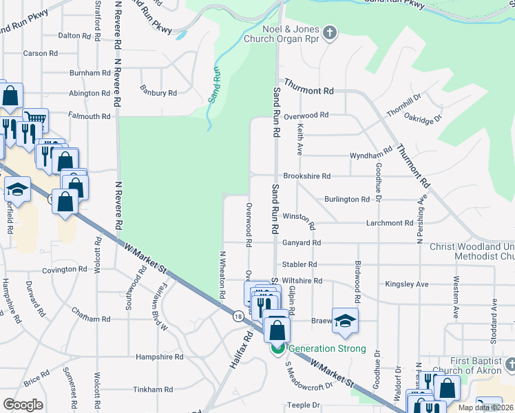 map of restaurants, bars, coffee shops, grocery stores, and more near 232 Sand Run Road in Akron