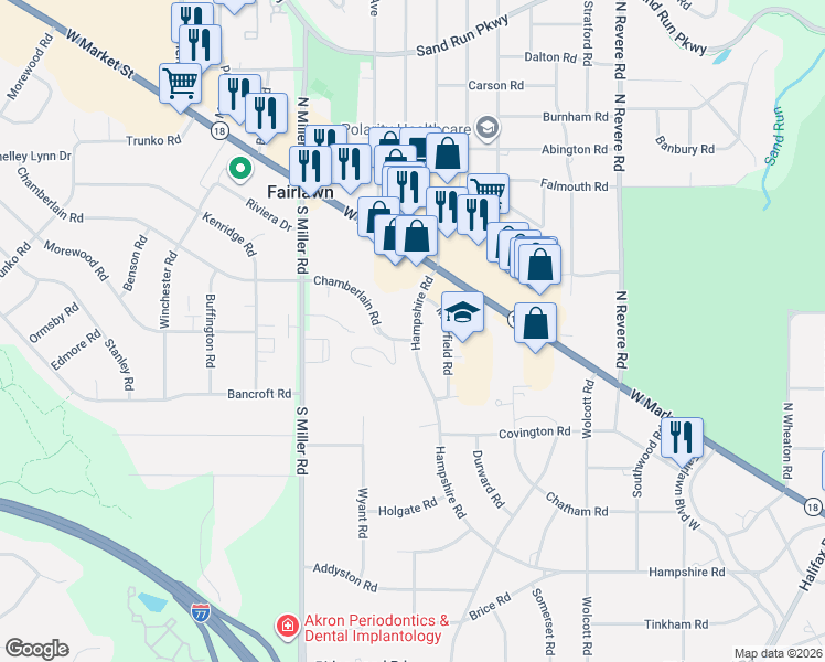 map of restaurants, bars, coffee shops, grocery stores, and more near 667 Hampshire Road in Fairlawn