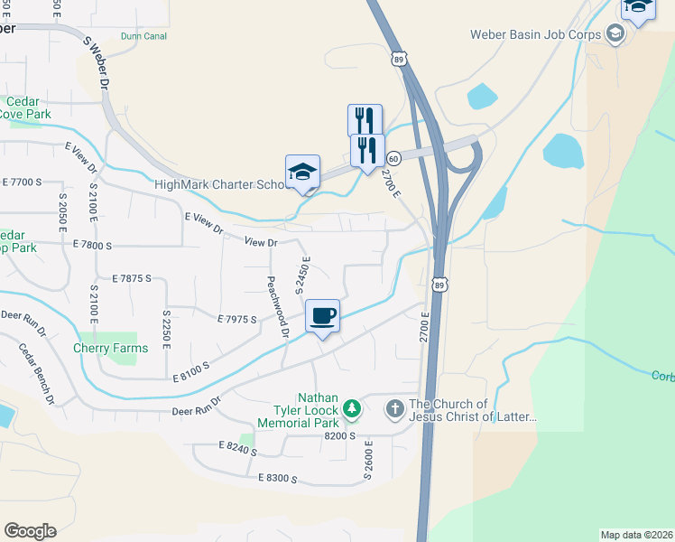 map of restaurants, bars, coffee shops, grocery stores, and more near 2518 East 7870 South in Ogden