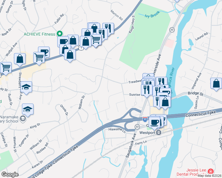 map of restaurants, bars, coffee shops, grocery stores, and more near 85 Kings Highway South in Westport